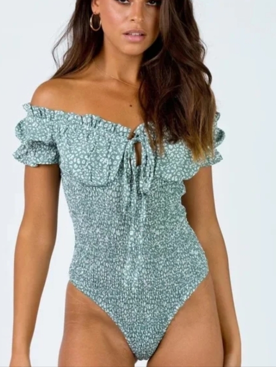 Princess Polly Tops - Princess Polly Sage Green Off-Shoulder Smocked Bodysuit
